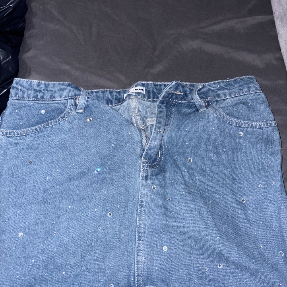 Fashion Nova High Rise Blue Jeans with Sparkle Accents